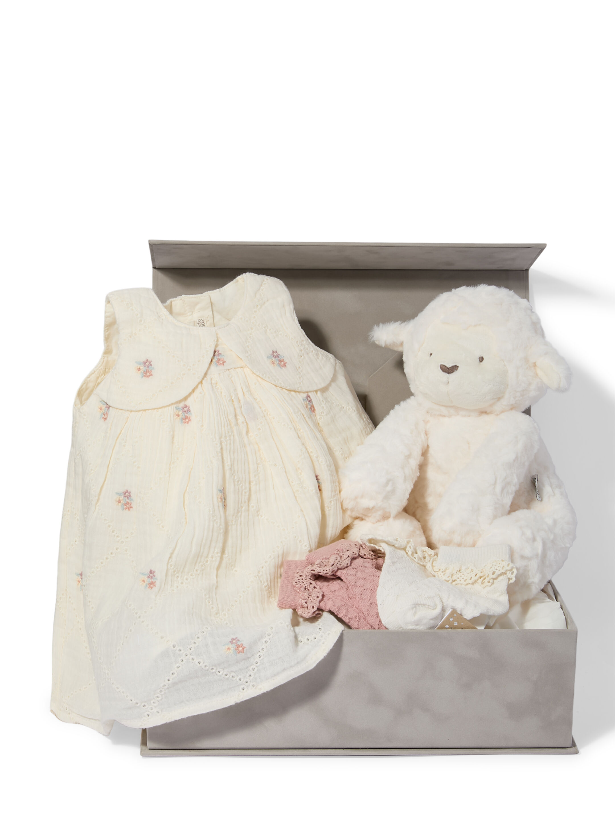 Bow Embroidered Dress - 4 Piece Gift Set with Soft Toy Lamb image number 1